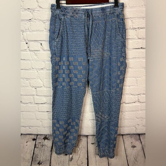 Johnny Was Biya Luisa Embroidered Jogger Blue Lyocell Sz Small‎ Drawstring Waist - Picture 1 of 10